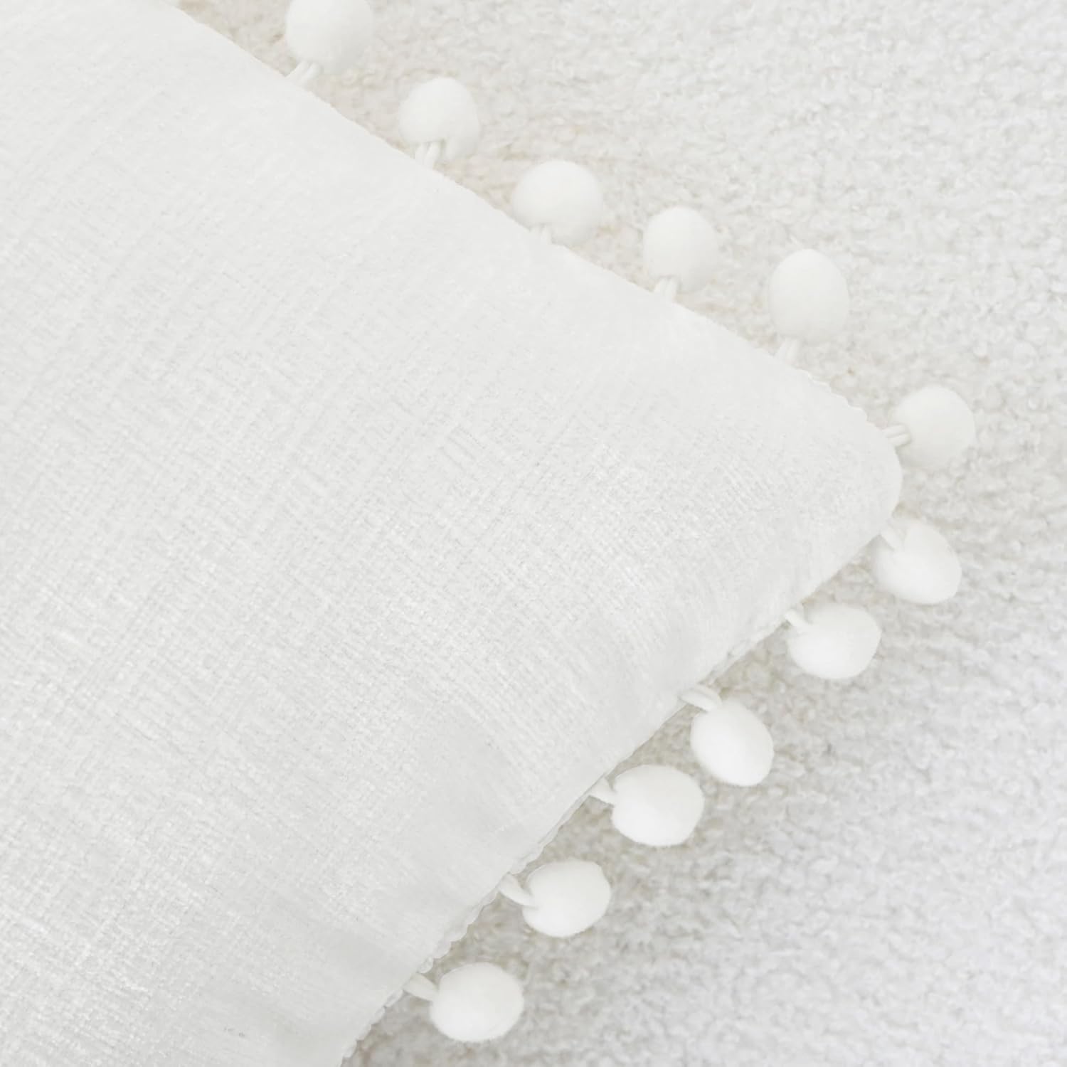 CaliTime Throw Pillow Covers Decorative 16 X 16 Inches Pack of 2 Cozy Solid Dyed Soft Chenille Cushion Cases with Pom Poms for Couch Sofa Bed Living Room Home True White