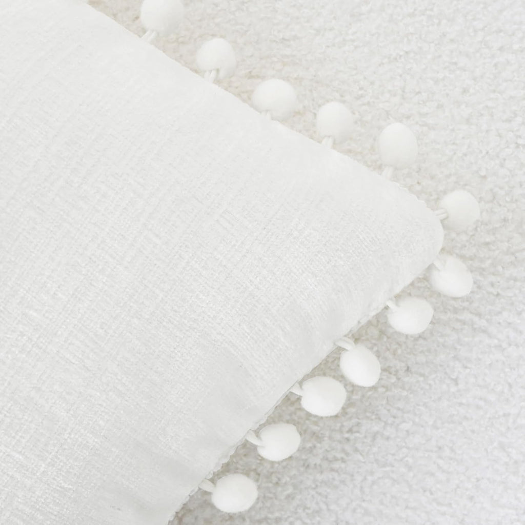 CaliTime Throw Pillow Covers Decorative 12 X 12 Inches Pack of 2 Cozy Solid Dyed Soft Chenille Cushion Cases with Pom Poms for Couch Sofa Bed Living Room Home True White