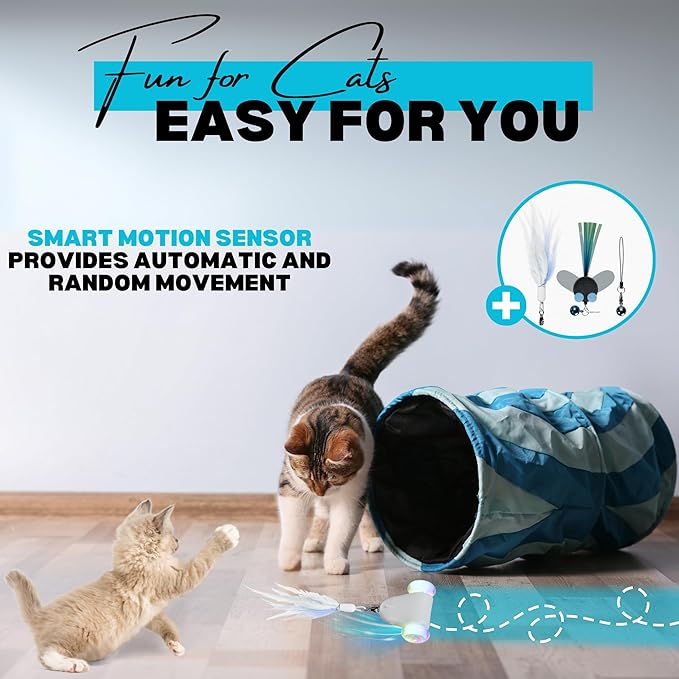 Rolling Rover – Interactive Cat Toy with RGB Wheels, Automatic Moving Mouse-Shaped Design, Feather Butterfly and Bell Attachments, Smart Motion Activated for Indoor Cats & Kittens (Blue)