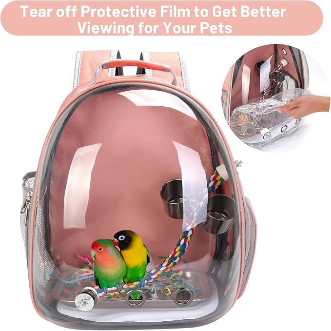 Bird Backpack Carrier, Travel Bird Cage for Small Medium Size Parrot Parakeet Budgies Cockatiel, Portable Clear Bubble Window Bag with Stainless Steel Tray Food Bolw Standing Perch (Pink)