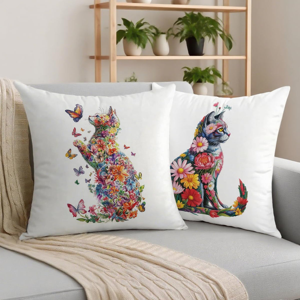 2 Pcs Flower Cat Pillow Covers, Cat Decor Cats Themed Gifts Throw Pillow Square Cushion Covers for Couch Sofa Bed Bedroom Apartment Dorm Living Room Office Home Decor
