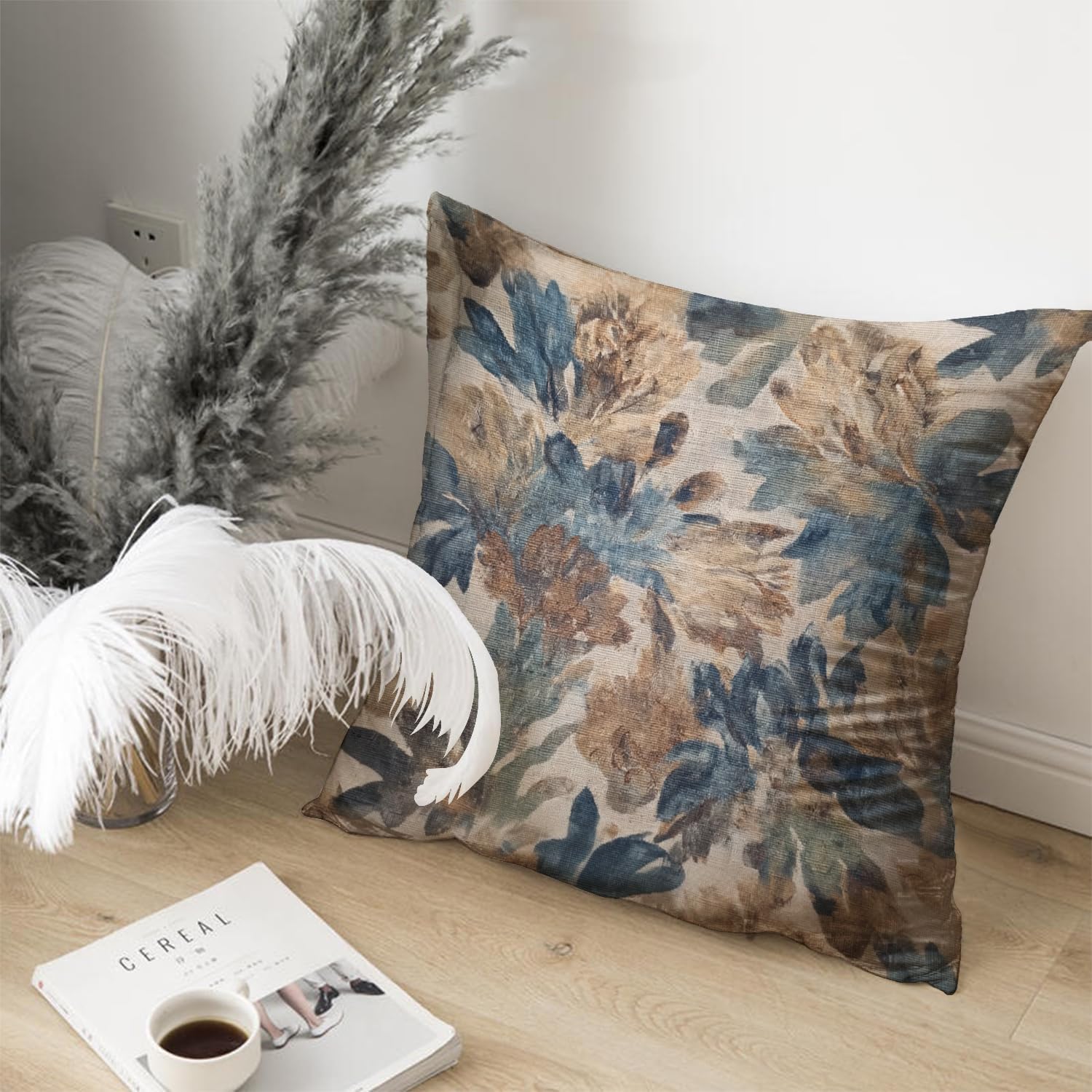 Bohemian Pillow Covers | Vintage Floral & Carpet Design | Double Sided Blue White Decorative Pillowcases for Couch, Bed | Indoor Outdoor Boho Home Decor (Blue&Brown, 18x18inches)