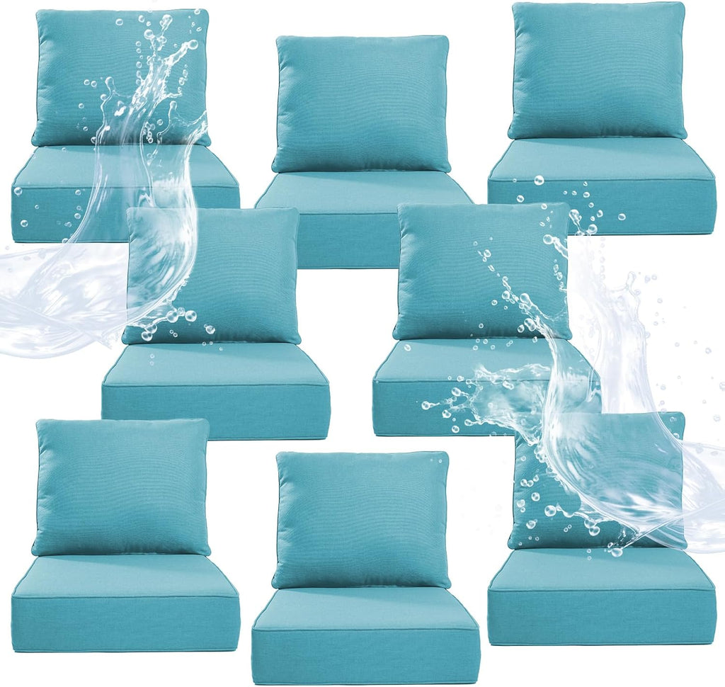 6" Thicker Outdoor Chair Cushion 8 Sets - 24" *24" *6" Waterproof Patio Furniture Cushions with Removable Cover, 28D High Density Sponge Filling Thicken Outdoor Patio Cushions - Turquoise