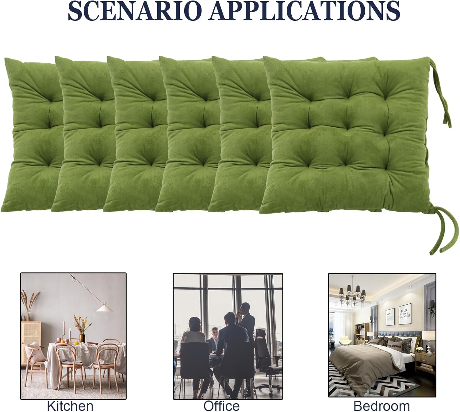 6 Pack Square Seat Cushion Chair Pads for Kitchen Dining Chairs, Soft Comfort Velvet Chair Mat Pillow Cushions with Ties for Office Desk Living Room Tatami 15.5", Green