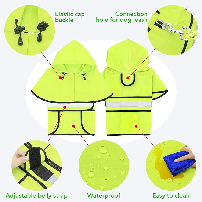 Dog Raincoat Hooded - Adjustable Lightweight Pet Slicker Poncho Rain Coat, Safety Reflective Dog Rain Jacket Raincoats with Leash Hole for Small, Medium, Large Dogs (Medium, Green)