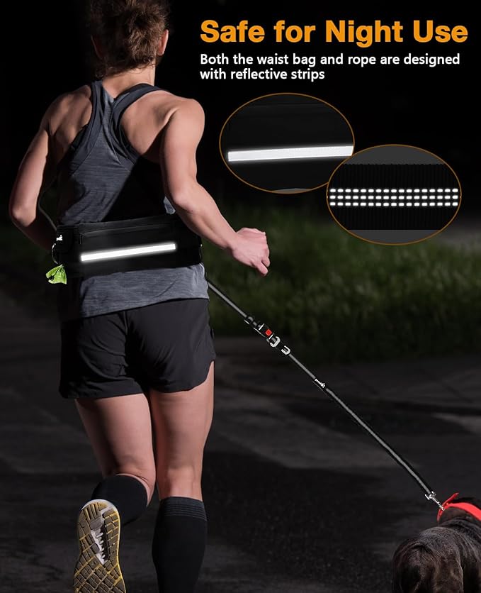 Pecute Dog Leash Hands Free with Pouch, Waist Belt Fanny Pack with Soft Pads, Dual Handles and Durable Bungee for Walking, Dog Seat Belt, Hiking, Running, Training, Black(Up to 180lbs)