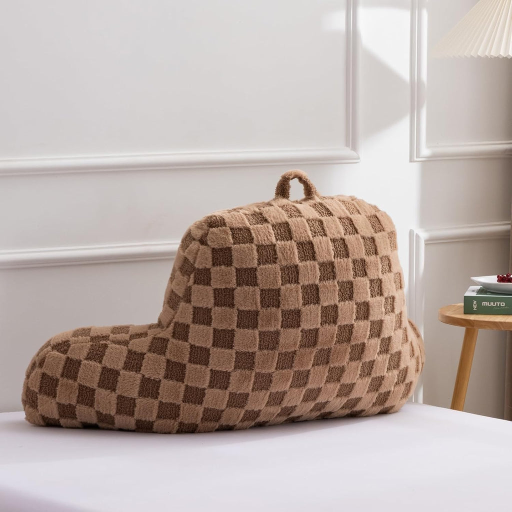 A Nice Night Faux Fur Reading Pillow,Checkered Fluffy Grid Plaid,Bed Wedge Pillow Large Adult Children Backrest with Arms for Bedrest,Brown