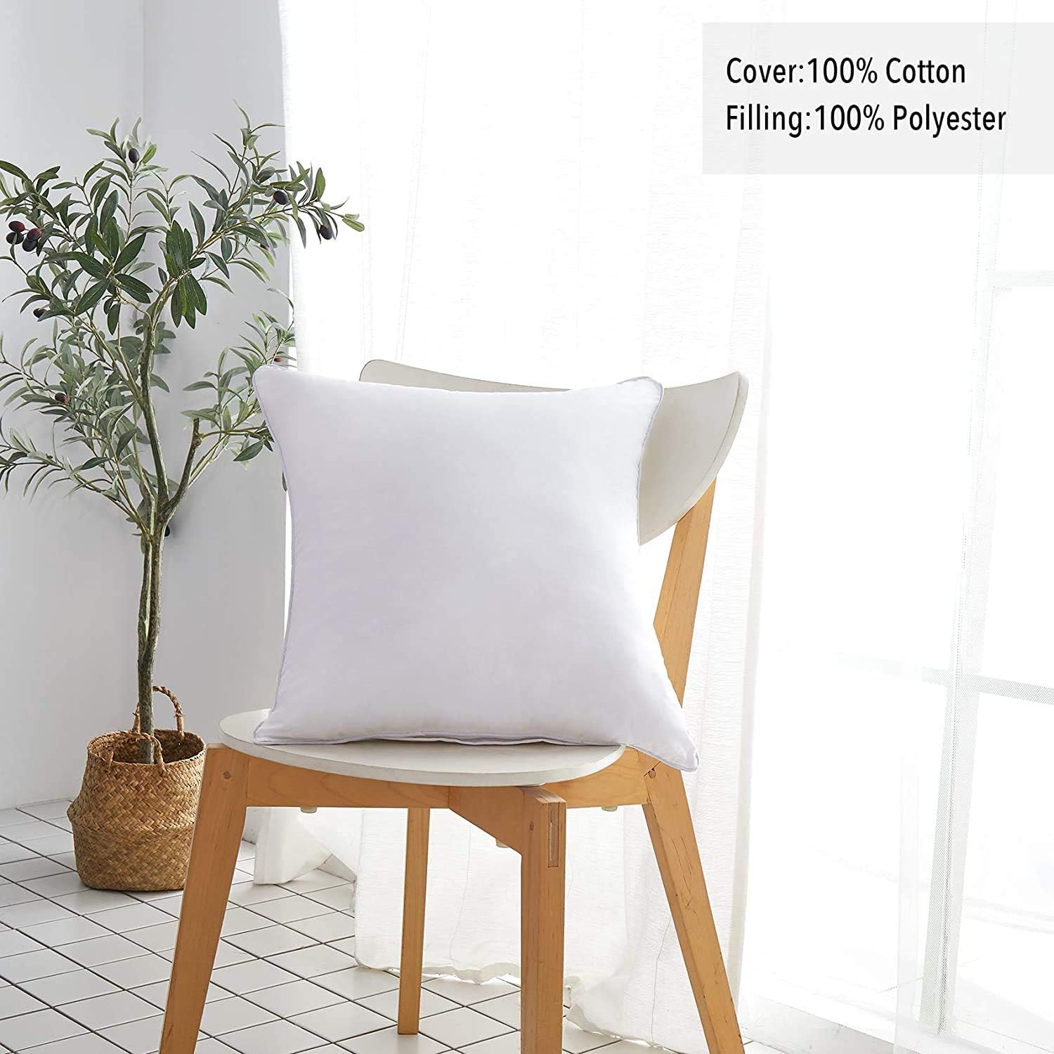 Oubonun 24x24 Square Pillow Inserts (Set of 2) - 100% Cotton Cover - Decorative Interior Sofa Pillow Pair - White