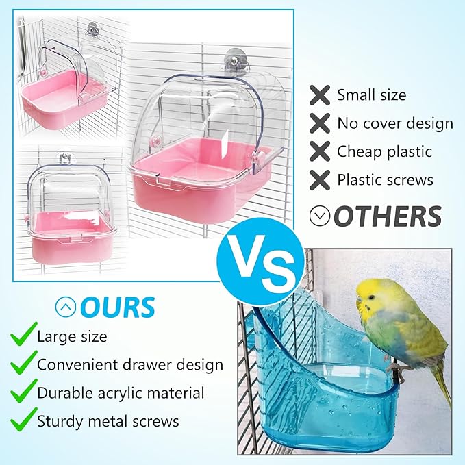 Tfwadmx Bird Cage Bath Hanging Parrot Bath Tub Water Shower Food Feeder Holder Tray Bird Bath Supplies for Small Birds Canary Budgies Cockatiel Lovebirds (Pink)