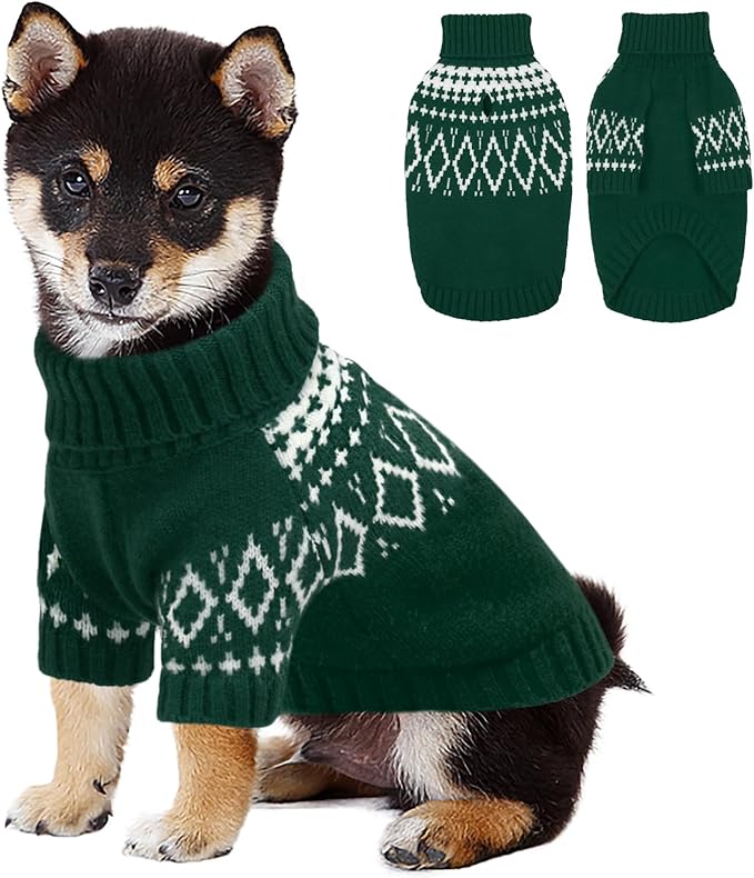 FUAMEY Stetchy Dog Sweaters Extra Small, Cute Cozy Puppy Sweater with Leash Hole, Thermal Pullover Clothes for Dogs Winter Fall, Soft Turtleneck Pet Printed Outfits Cold Weather (Green, XS)