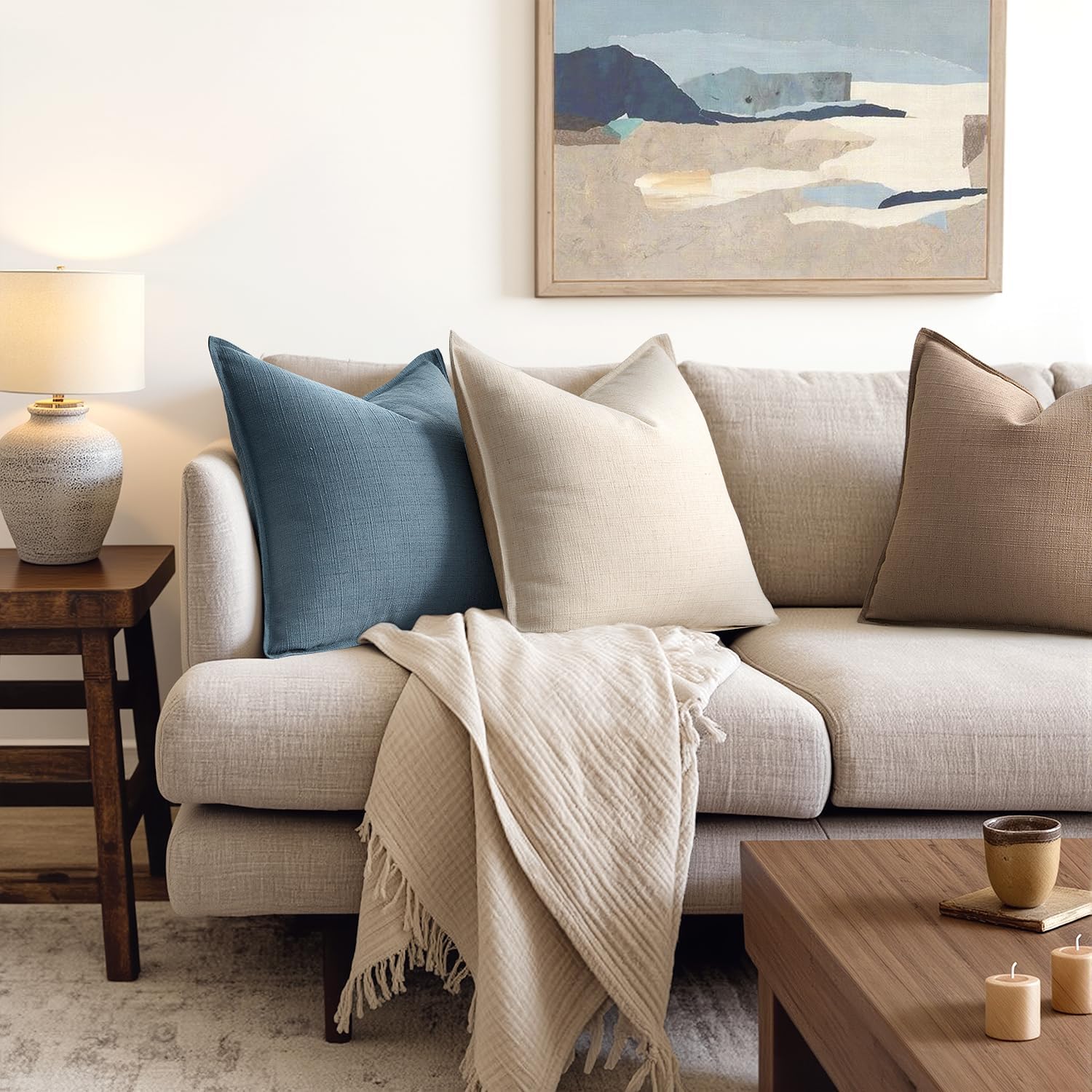 MIULEE Decorative Pillow Covers 18x18, 2 Pack Boho Farmhouse Neutral Throw Pillows for Couch, Thick Textured Modern Linen Cushion Cases Sofa Bed Living Room Home Decor, Blue