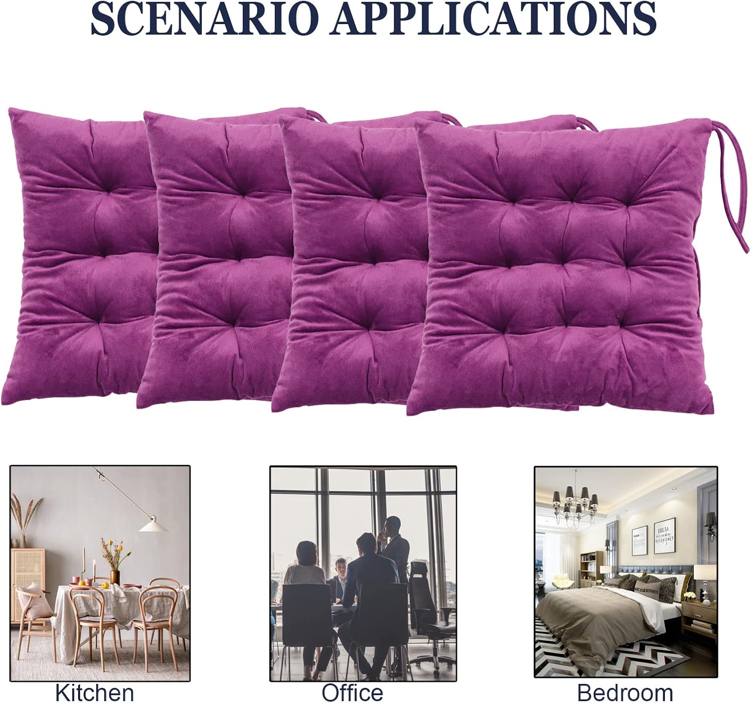 Set of 4 Square Chair Pads Indoor Seat Cushions Pillows with Ties Soft Comfortable Non Slip Chair Mat for Kitchen Dining Office Desk Living Room Outdoor Tatami 15.5" - Purple