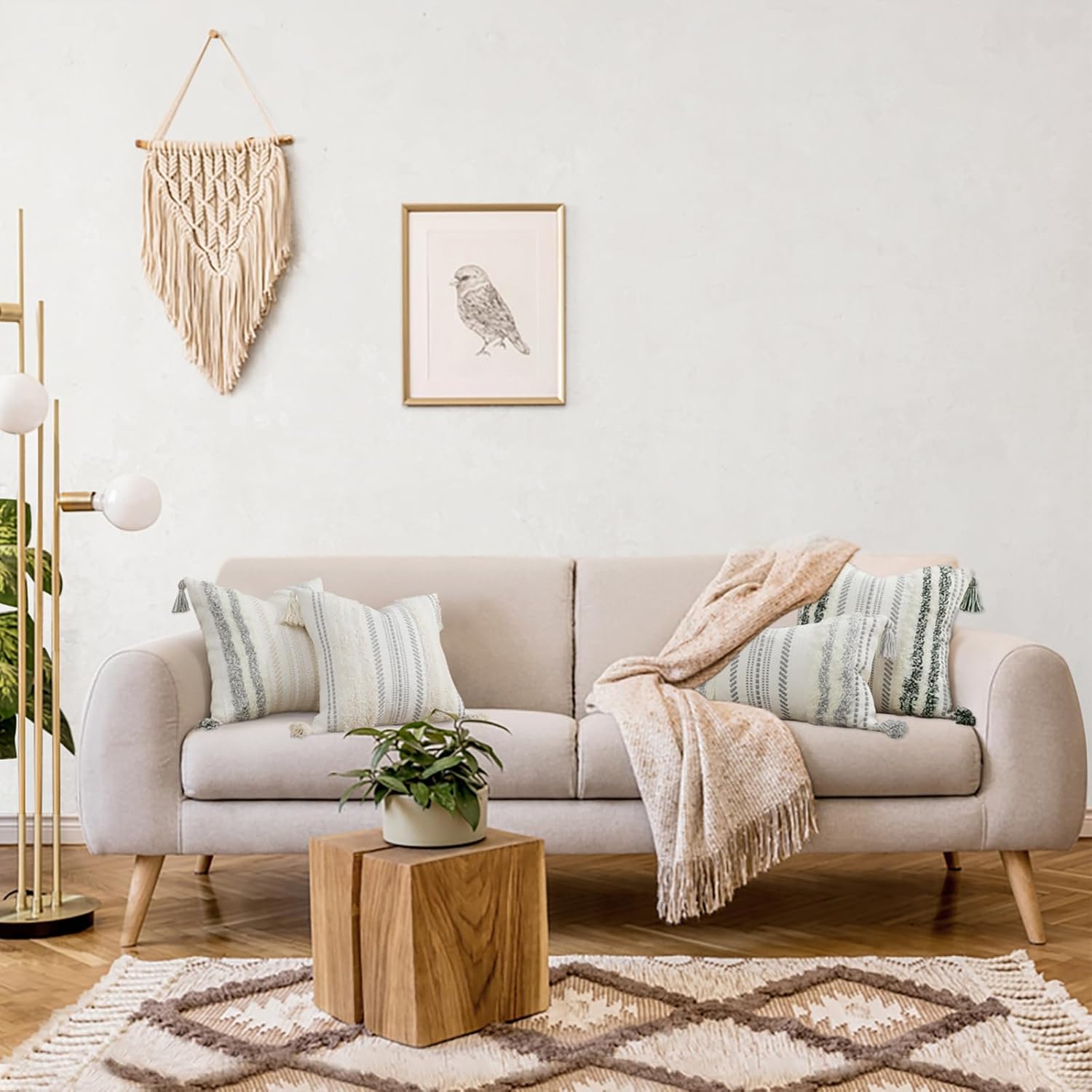 decorUhome Decorative Boho Throw Pillow Covers 18x18 Set of 2, Accent Neutral Textured Tufted Pillow Covers Striped for Couch Bed Sofa Living Room, Light Grey and Cream White