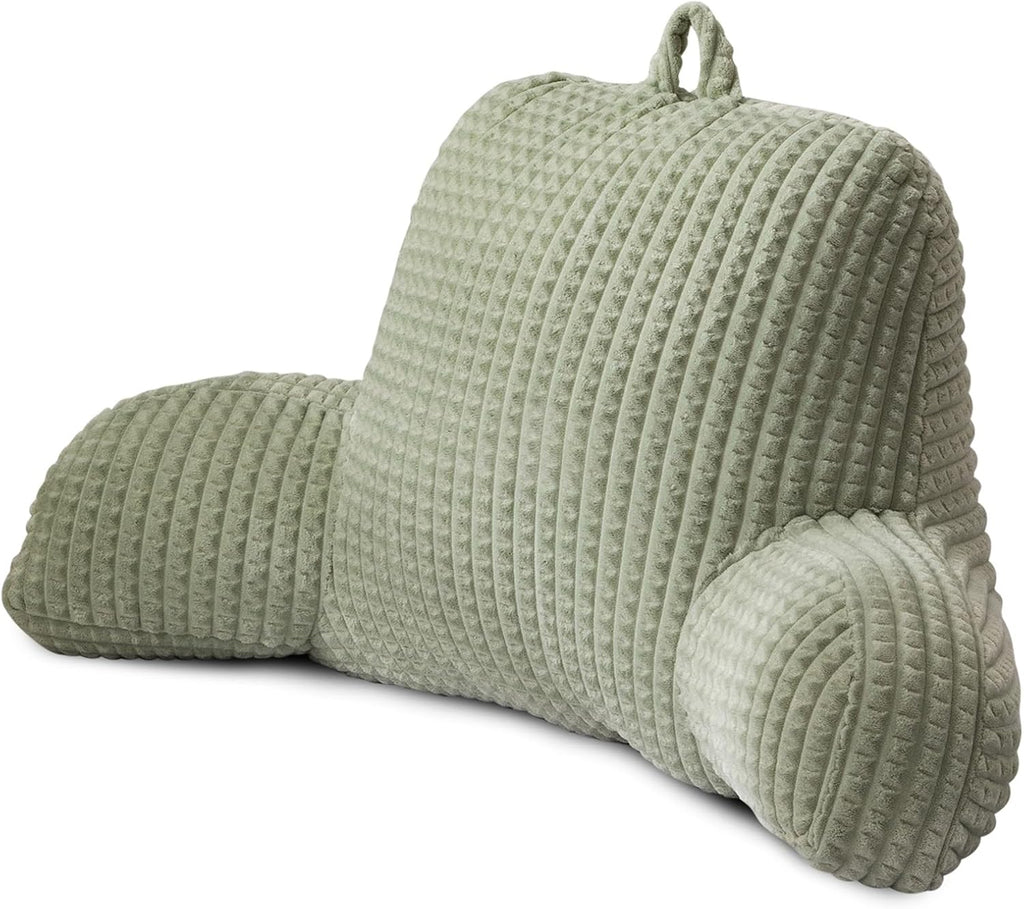 A Nice Night Reading Pillow Bed Wedge Large Adult Children Backrest with Arms Back Support for Sitting Up in Bed/Couch for Lounging Bedrest,Waffle Stereoscopic Design,LightGreen