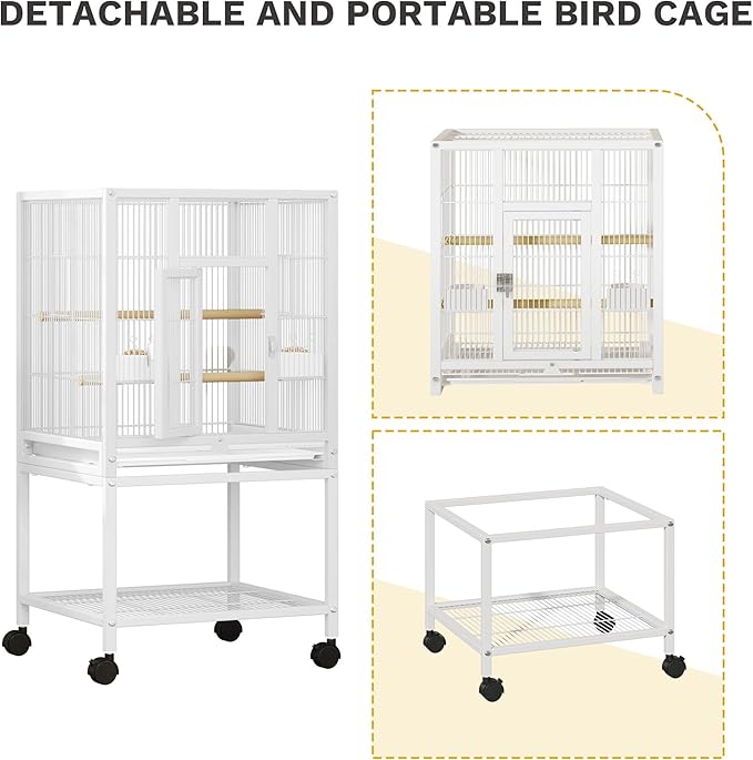 DWVO 41-inch Metal Bird Cage: Large Parrot Cages with Rolling Stand - Features Tray, Food Boxes & Wooden Perches for Parakeets, Lovebirds, Cockatiels, Finches and Pigeons, White