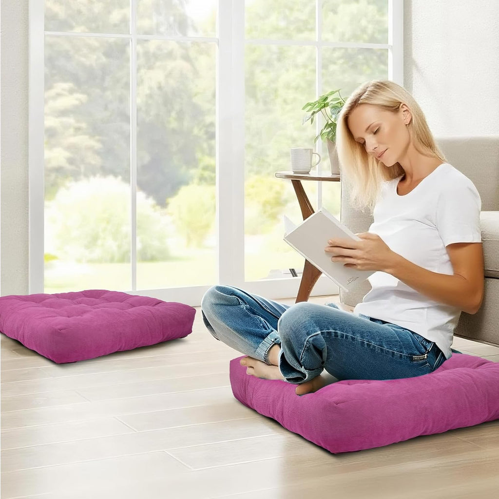 Meditation Floor Pillow Set of 2, Square Large Pillows Seating for Adults, Tufted Corduroy Cushion for Tatami Living Room, 22x22 Inch FP-Purple