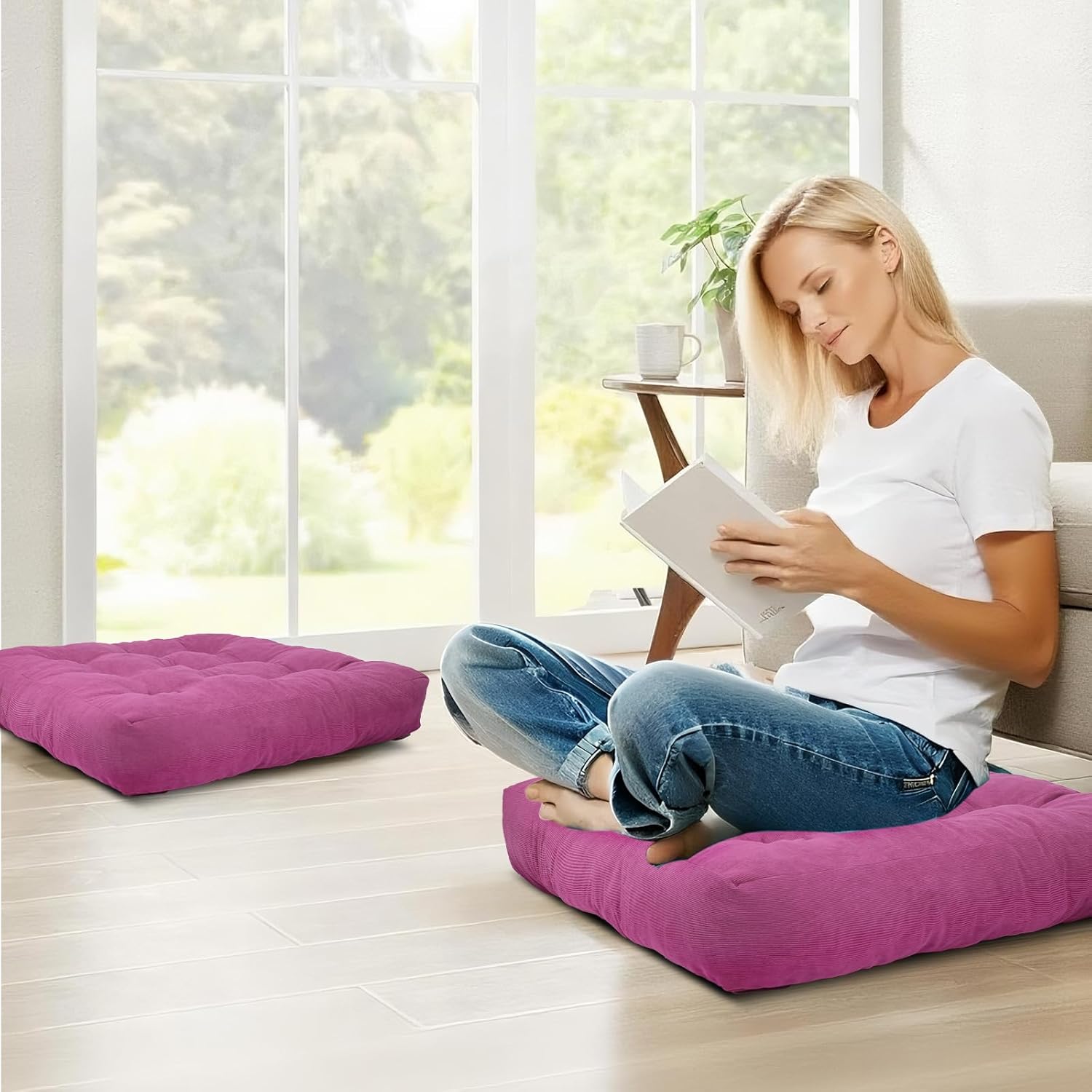 Meditation Floor Pillow Set of 2, Square Large Pillows Seating for Adults, Tufted Corduroy Cushion for Tatami Living Room, 22x22 Inch FP-Purple