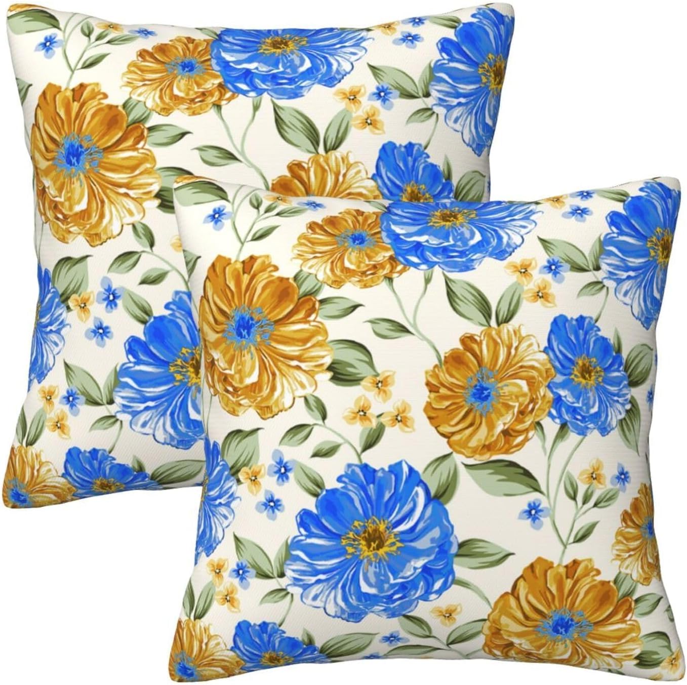Blue and Yellow Floral Throw Pillow Covers 18x18 Inch Set of 2, Decorative Blue Gold Flowers Pillows, Modern Boho Square Cushion Covers for Office Couch Sofa Bedroom Living Room Farmhouse Home Decor