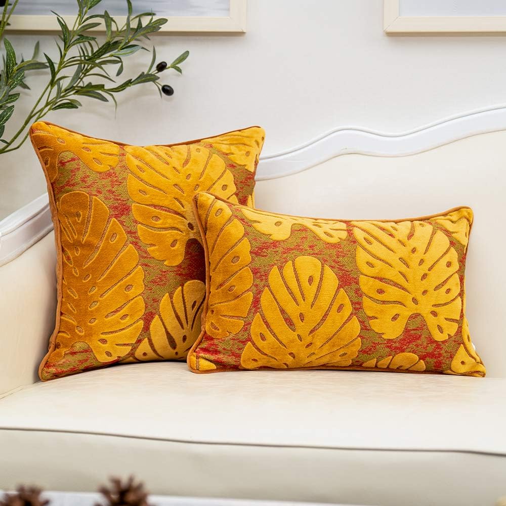 Alerfa 18 x 18 Inch Square Leaf Pillow Embroidery Cut Velvet Cushion Case Luxury Modern Lumbar Throw Pillow Cover Decorative Pillow for Couch Sofa Living Room Bedroom Car, Orange