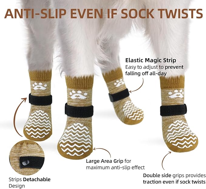 PUPTECK Anti Slip Dog Socks 2 Pairs with Double Grippers for Hardwood Floors, Shoes for Hot/Cold Pavement, Boots & Paws Protectors to Prevent Licking, Traction Booties for Senior Small Large Dogs