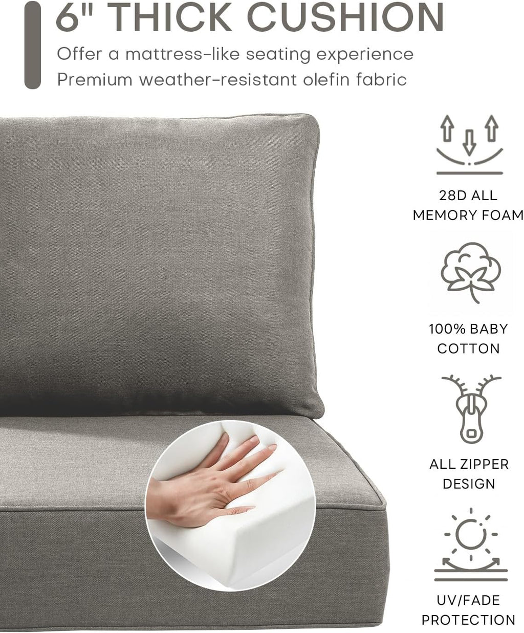 Luxury 22x24/22x25 6-Inch Outdoor Cushions - Water Resistant 1 Set Patio Replacement Seat Cushion for Rattan Mental Wicker Dining Rocking Swivel Chairs Loveseat Couch Sectional Sofa - Grey