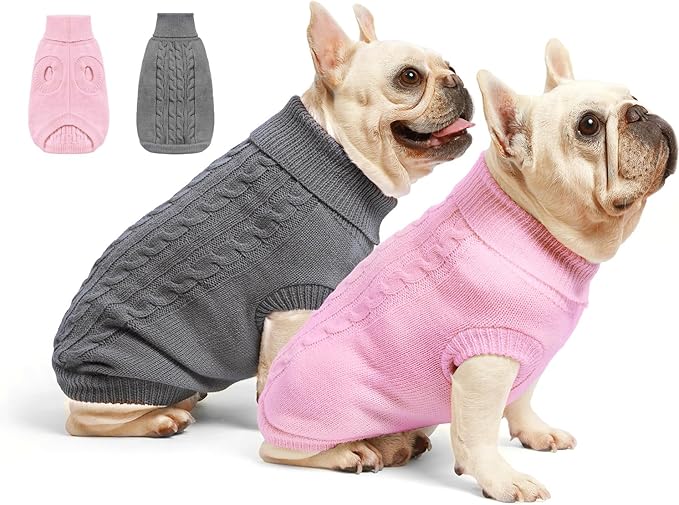 2 Pack Dog Sweaters for Small Dogs - Puppy Medium/Large Warm Clothes in Winter, Turtleneck Pullover Design for Boy Girl Pet, Doggie, Cat, Kitten Chihuahua Bulldog Pug Beagles (L, Grey, Pink)