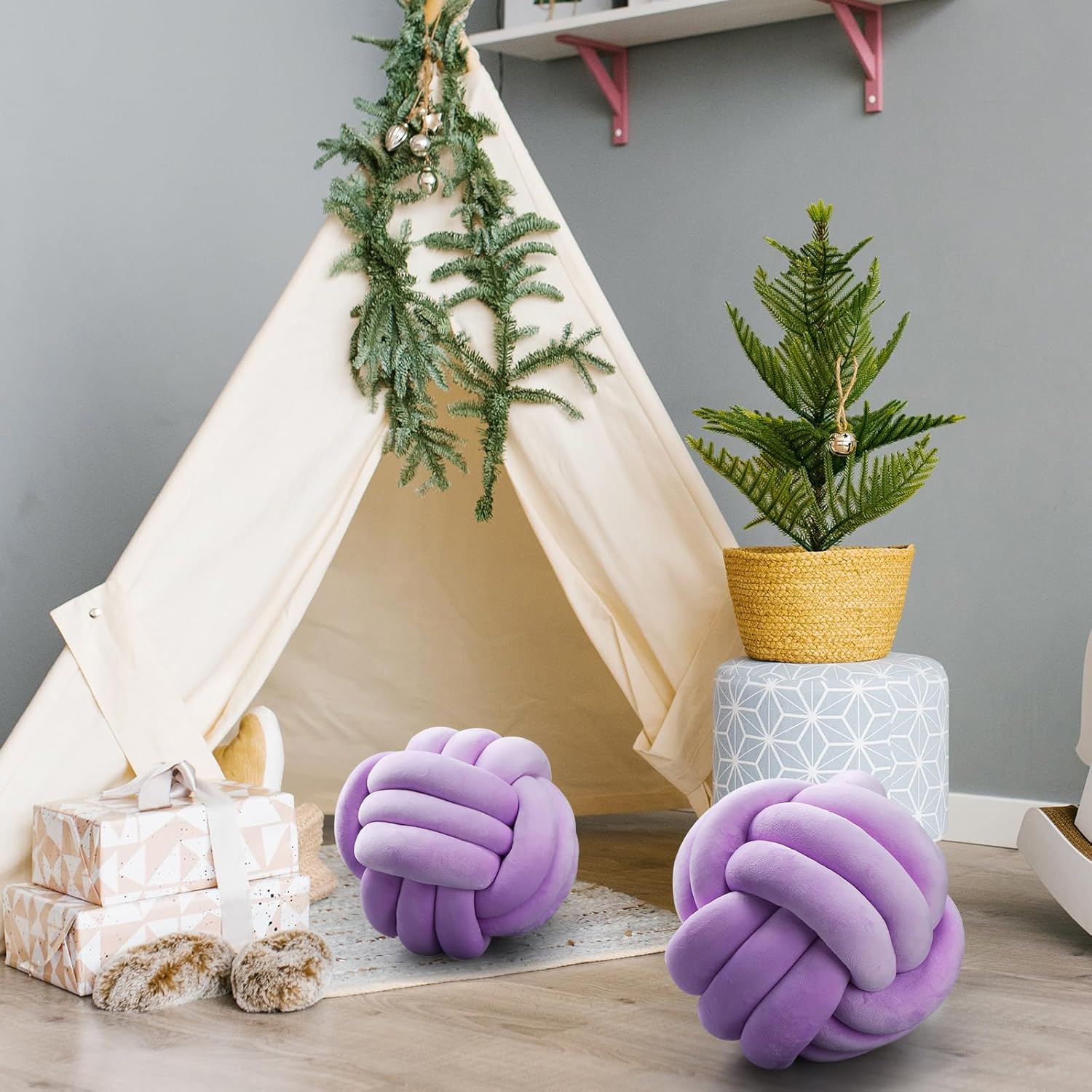 2 Pieces Knot Ball Pillows Round Plush Aesthetic Cushion Pillows Soft Stress Relieving Cute Decorative Knotted Pillows for Kids Bed Sofa Bedroom Decor (Light Purple, 10.6 Inches)