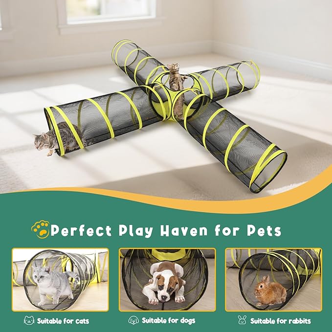 4-Way Cat Tunnel with Central Cube – Portable Mesh Playhouse for Indoor & Outdoor Use – Tent for Cats, Rabbits, and Small Pets