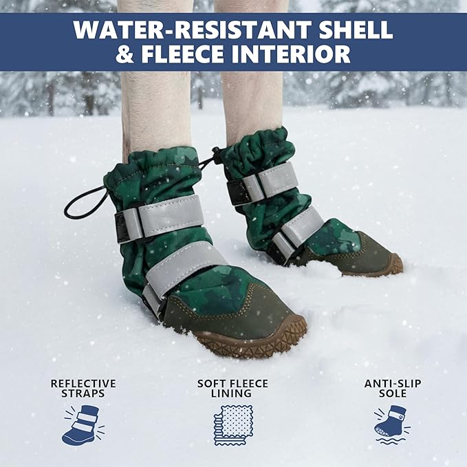 Spark Paws Dog Shoes, Waterproof Dog Boots for Medium to Large Dogs, Non Slip, Breathable Dog Booties and Paw Protectors - 4PCS Doggie Hiking Boots with Reflective Straps, Green Camo, Size 7