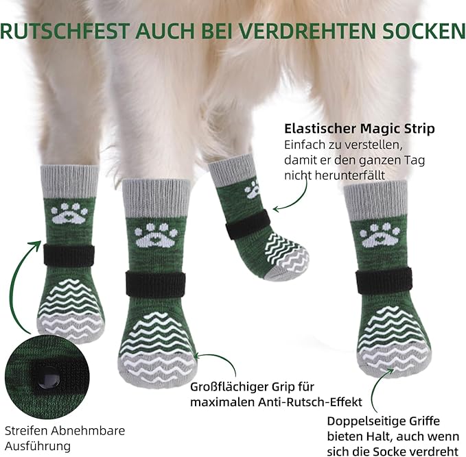 PUPTECK Anti Slip Dog Socks 2 Pairs with Double Grippers for Hardwood Floors, Shoes for Hot/Cold Pavement, Boots & Paws Protectors to Prevent Licking, Traction Booties for Senior Small Large Dogs