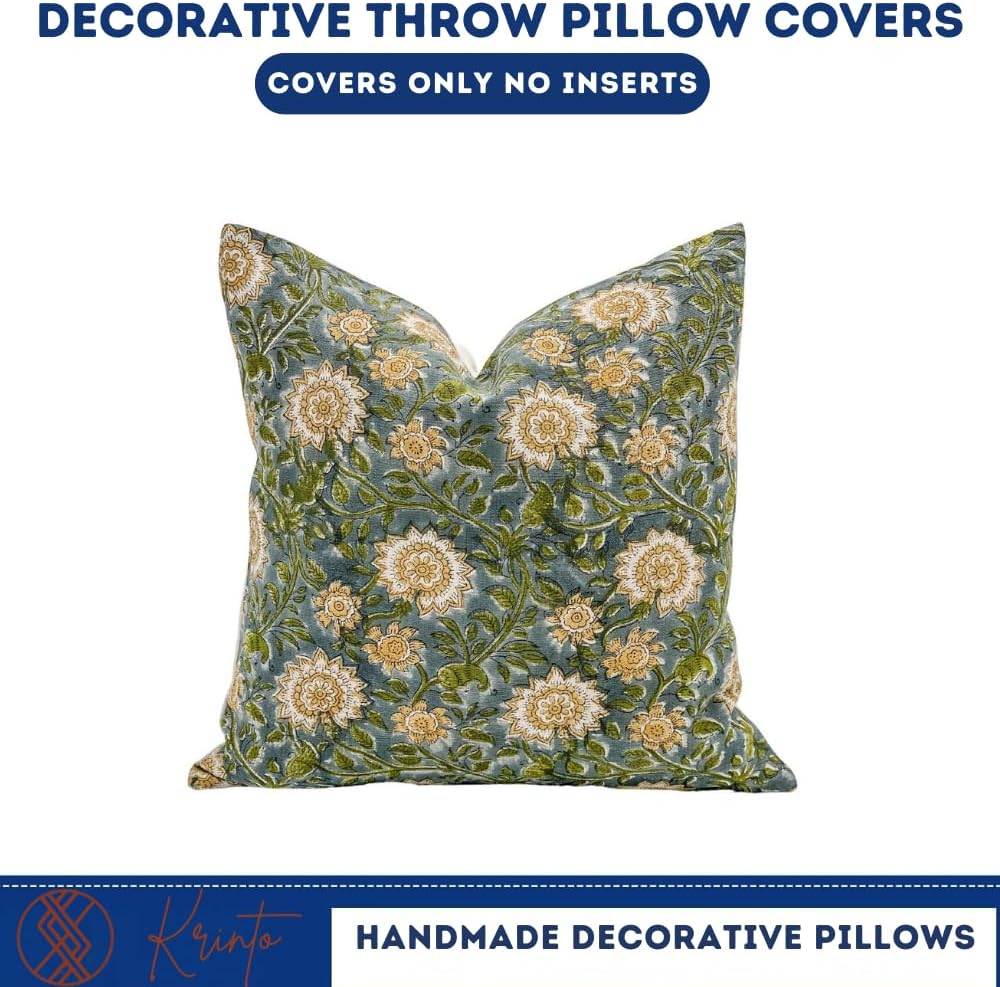 Designer Floral on Natural Linen Pillow Cover | Blue Green and Mustard Pillow Cover | Boho Décor Pillow Cover | Decorative Throw Pillow Covers (Blue Green & Mustard, 22x22)