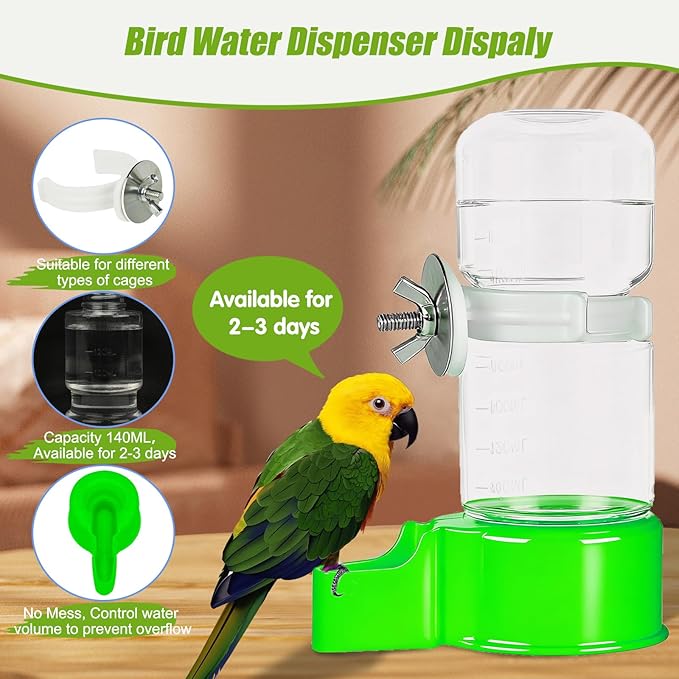 BWOGUE Automatic Bird Water Dispenser, 4.73 Fl Oz Parakeet Water Dispenser for Cage No Mess Suspended Bird Water Feeder for Cockatiel Budgie Conure Lovebirds