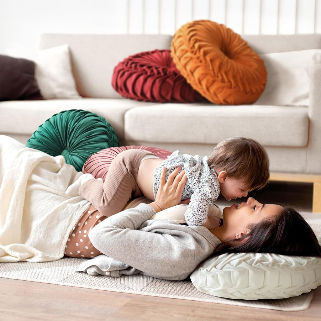 2 Pcs Round Throw Pillows Decorative Pumpkin Velvet Boho Pleated Bed Pillows Back Support for Couch Chair Dorm Car 14.96'' (Brown)