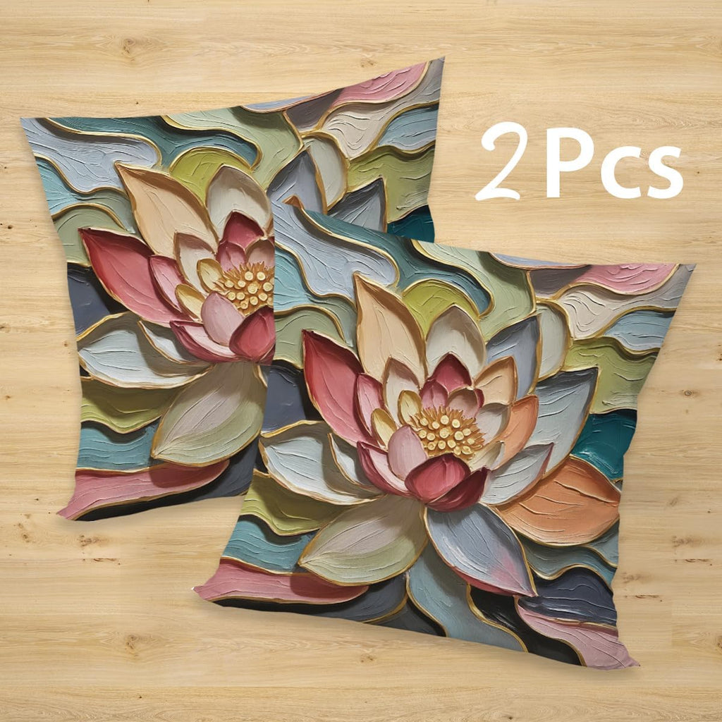 2 Pcs Oil Painting Lotus Floral Art Throw Pillow Covers, Lotus Oil Painting Art Retro Decorative Square Pillow Cases for Couch Sofa Bed Bedroom Apartment Dorm Living Room Office Home Decor