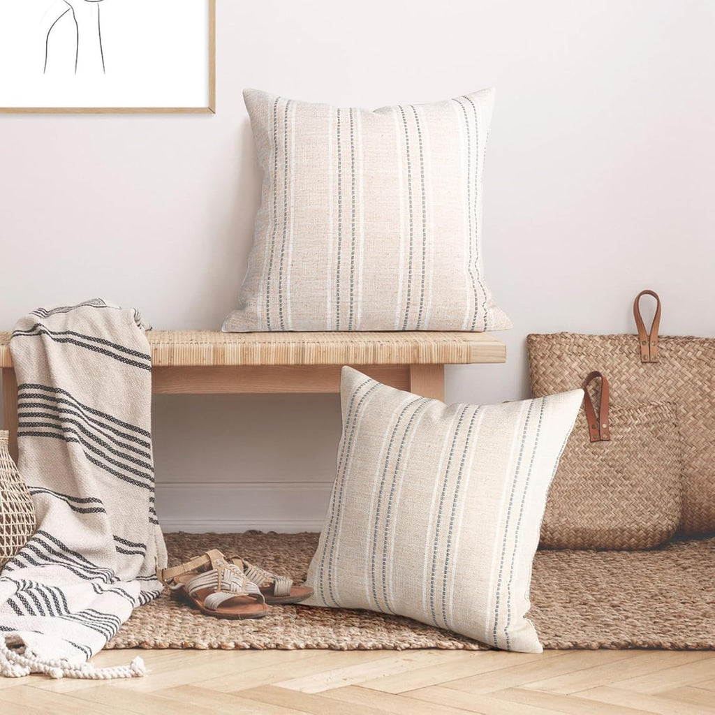 AELS 22x22 Decorative Farmhouse Linen Throw Pillow Covers, Boho Textured Pillow Case, Set of 2, Beige with White & Gray Stitch Yarn Dyed Stripe Cushion Cover for Sofa Couch Living Room (Cover ONLY)
