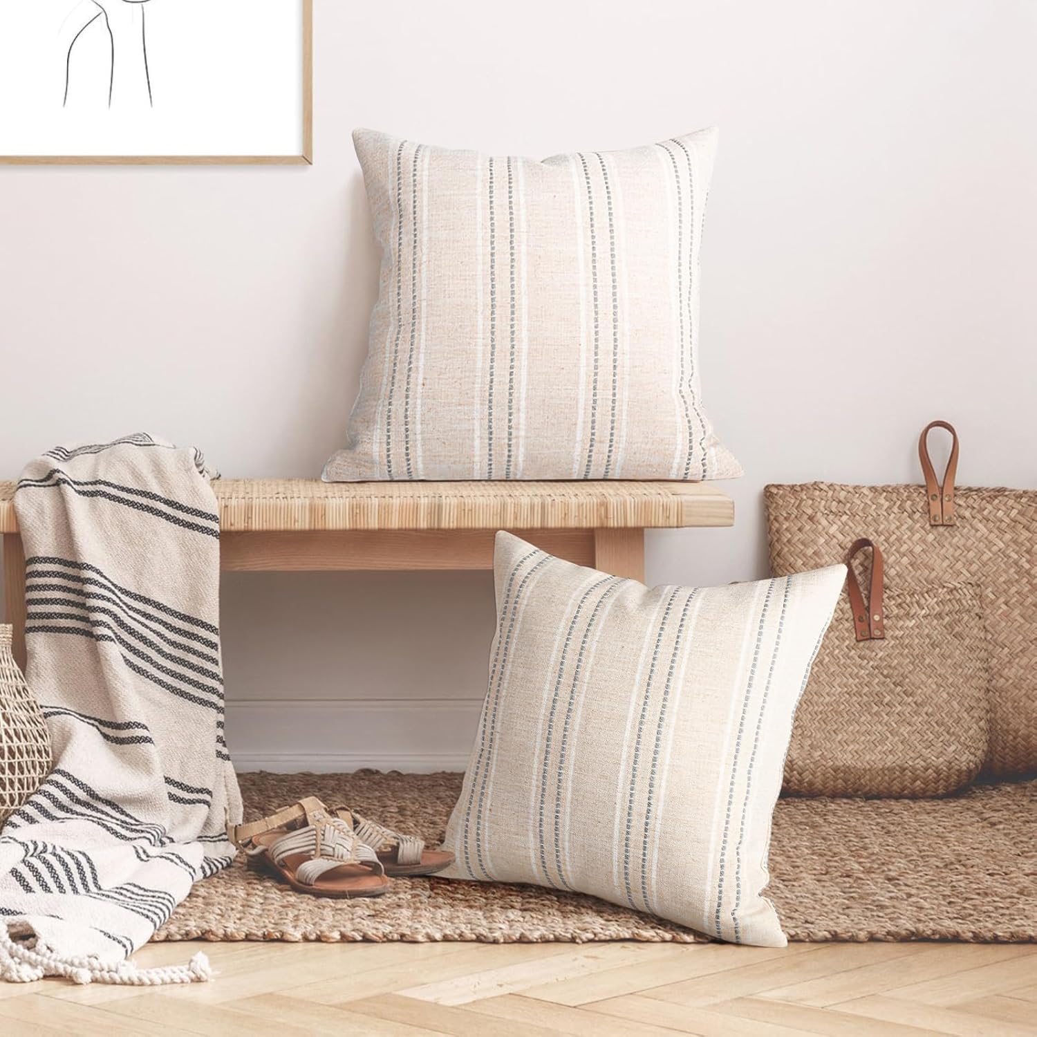 AELS 22x22 Decorative Farmhouse Linen Throw Pillow Covers, Boho Textured Pillow Case, Set of 2, Beige with White & Gray Stitch Yarn Dyed Stripe Cushion Cover for Sofa Couch Living Room (Cover ONLY)