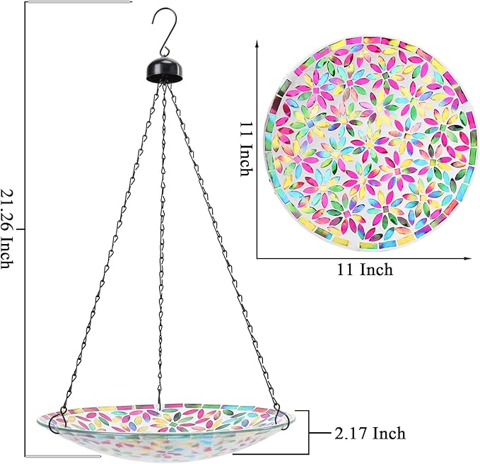 VCUTEKA Hanging Bird Bath, Glass Mosaic Bird Baths for Outdoors Birdfeeder with 21 inch Rust-Proof Chain for Garden Yard Decor