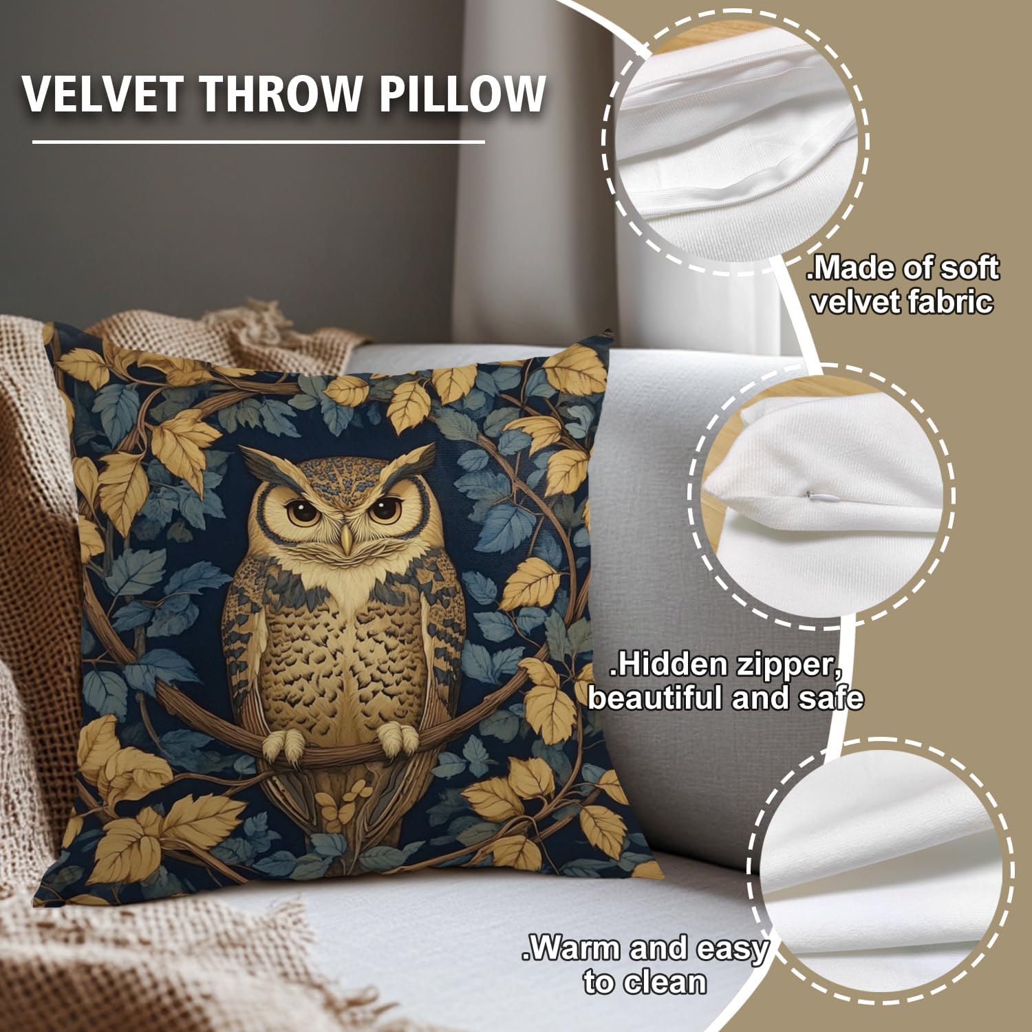 YOU FOUND ME William Morris Abstract Vintage Floral Velvet Butterfly Design Throw Pillow Covers Home Decor, Retro Art Deco Pillowcase Cushion Cover for Bed Sofa Living Room, Square 18x18inch (Owl)