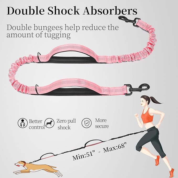 iYoShop Hands Free Dog Leash with Zipper Pouch, Dual Padded Handles and Durable Bungee for Walking, Jogging and Running Your Dog (Baby Pink, 8-25 lbs, Medium)