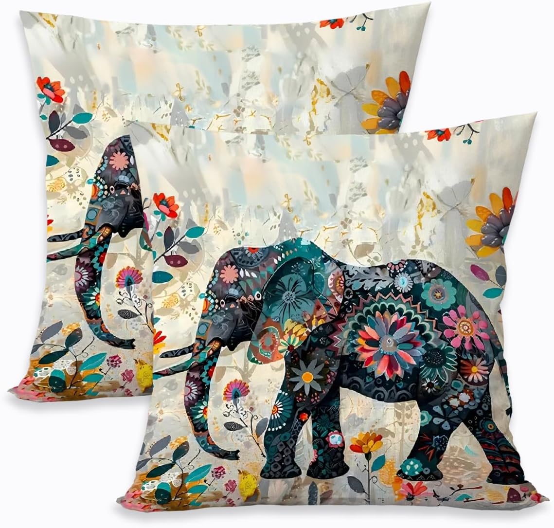 2 Pcs Elephant Throw Pillow Cover, Ethnic Style Bohemian Pattern Creative Animal Elephant Decorative Pillow Case Home Decor Square Cushion Cover for Bedroom Living Room Office Home Decor