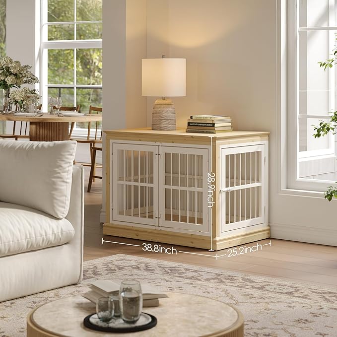 38 in Solid Wood Dog Crate Furniture for Dogs-Large Dog Crate Sideboard and TV Stand, Small, Wood Dog Kennel-(White+Natural)