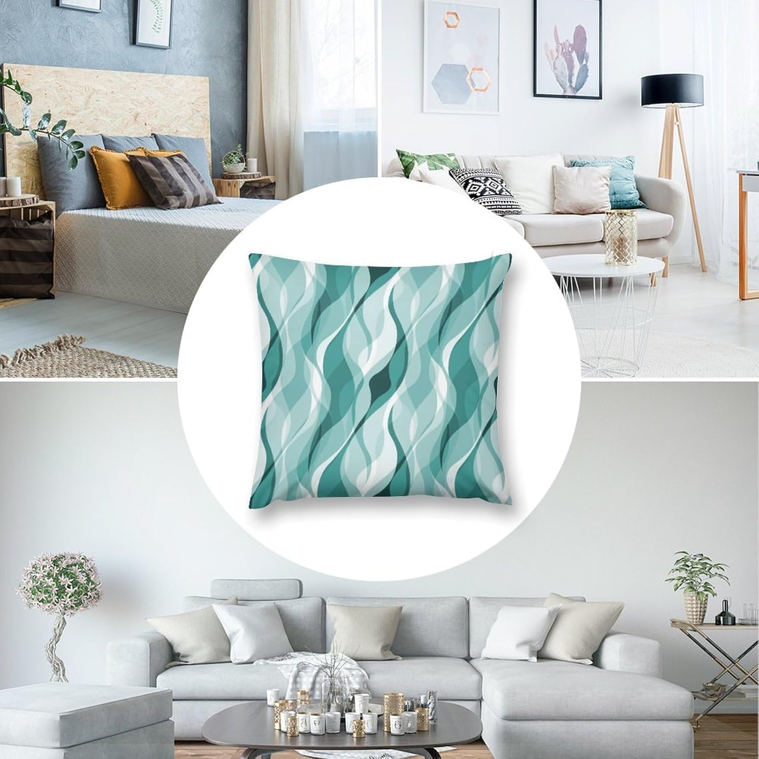 Teal Throw Pillow Covers Abstract Turquoise and Grey Striped Decorations for Bedroom Living Room Farmhouse Sofa Pillows Bed Couch 20x20 Inch