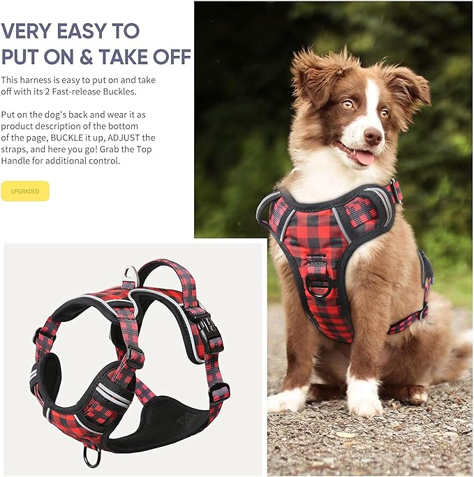 HEELE Dog Harness, No Pull Adjustable Padded Reflective Harness for Small Medium Large Dogs with Handle for Walking Training, Checkered-Red, L