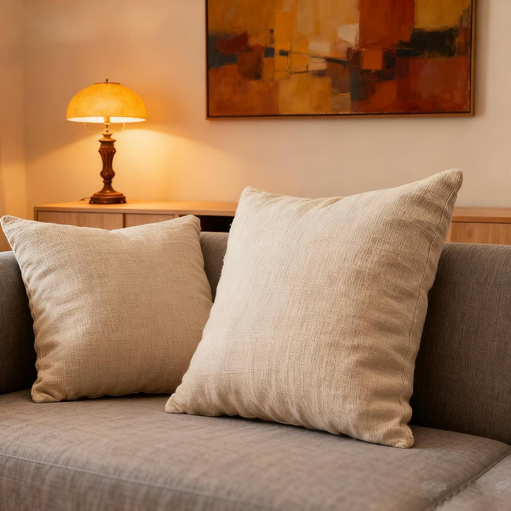 Throw Couch Pillow with Insert 18x18 Inches Set of 2 Square, Cute Modern Home Fall Decor for Living Room Sofa Bed Cushion Accent Case, Anthropologie Style Home Decor (Light Linen #P2-13)
