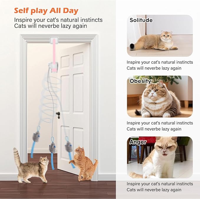 Interactive Cat Toy, Flapping Bird & Rotating Feather Teaser for Indoor Cats, Hanging Doorway Cat Toys with Fishing Pole for Exercise, Boredom Relief & Fun Games
