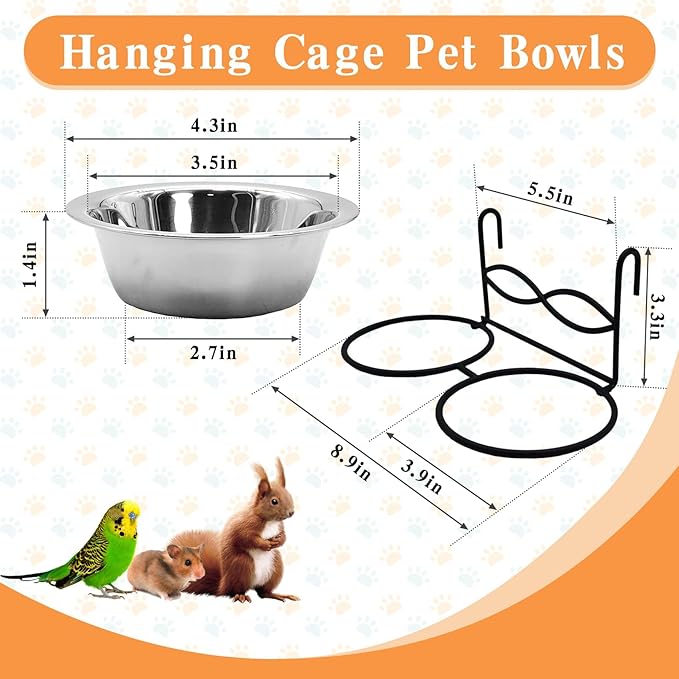kathson Hanging Bird Bowls for Cage, 2 PCS Stainless Steel Metal Pet Food Water Dishes with Holder Feeder Cage Coop Hook Feeder Cups for Birds, Parrots, Small Sized Dogs and Cats (4.3 Inch Dia)