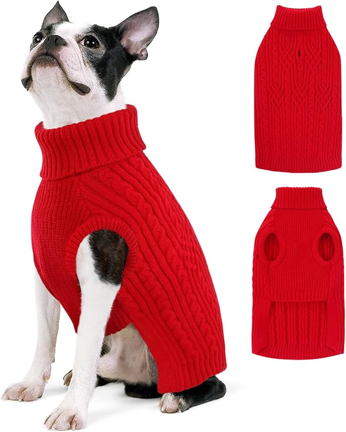 AOFITEE Dog Sweaters for Large Dogs, Stretchy Turtleneck Dogs Sweater for Christmas, Warm Dog Knitwear for Fall Winter, Red Pet Sweater with Harness Hole for Boston Terrier, French Bulldog, Red L
