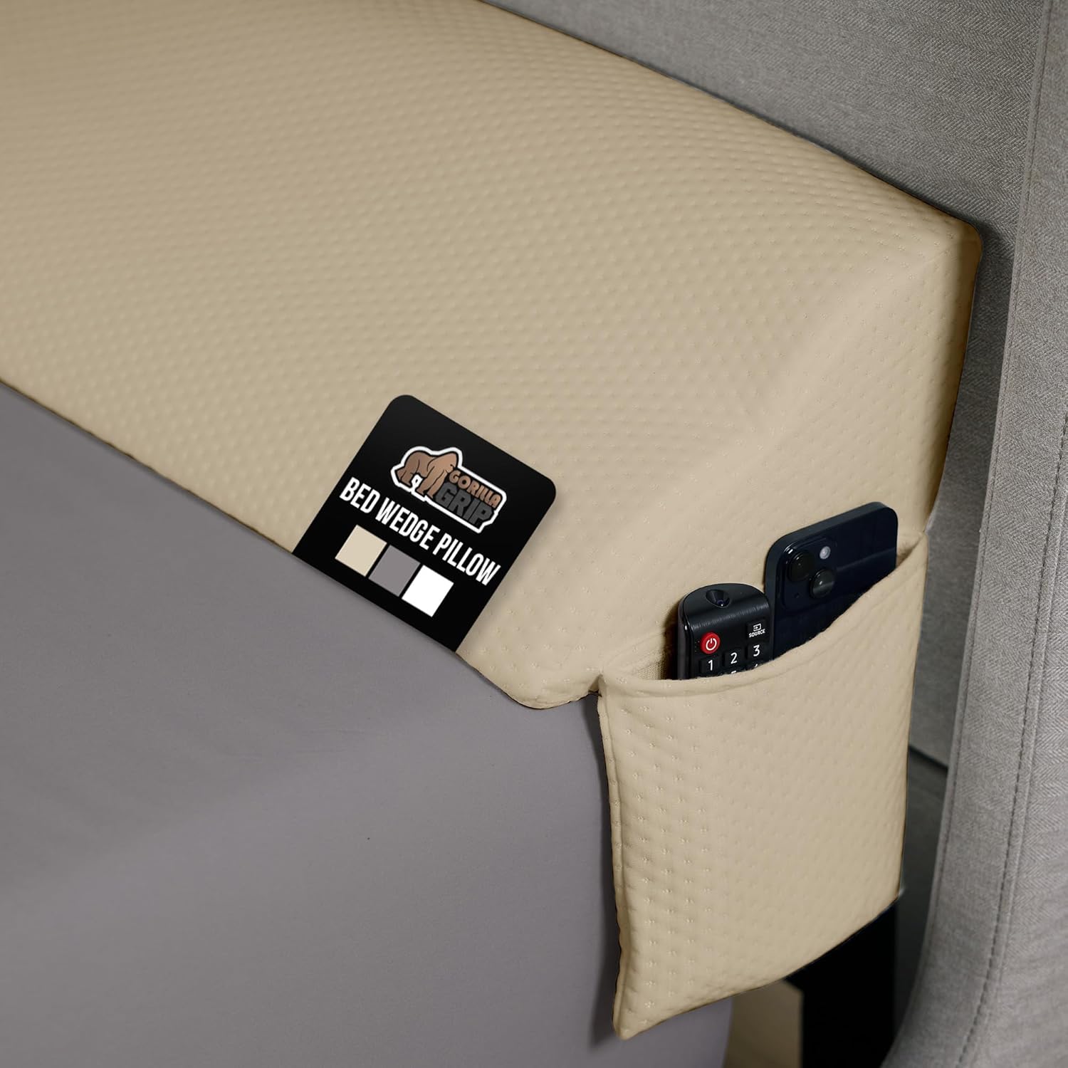 GORILLA GRIP Patent Pending Bed Wedge Pillow Headboard Gap Filler, US Designed, Comfortable Supportive High Density Foam Pillows, Stay in Place Gripping Dots, Wedges Between Mattress, Full Size Cream