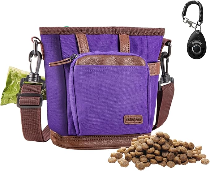 BEAU&FUR Large Dog Treat Pouch with Clicker for Training – 4 Cup Capacity, Built-In Poop Bag Dispenser, Expandable Pocket, Metal Buckle, Large Back Pocket, Ideal Design for Walks and Training – Purple