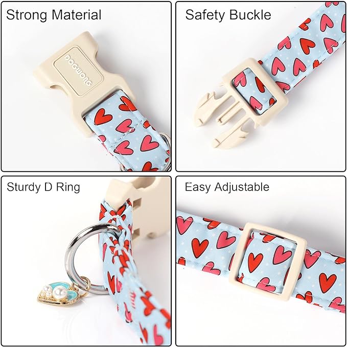 DOGWONG Valentine Dog Collar- Cute Blue Heart Dog Collars Adjustable Designer Valentine’s Day Puppy Heart Dog Collar for Small Medium Large Dogs S